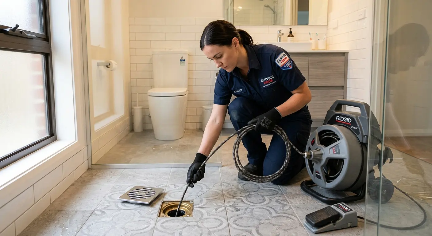 Technician clearing a bathroom floor drain for Drain Cleaning in North Miami Beach